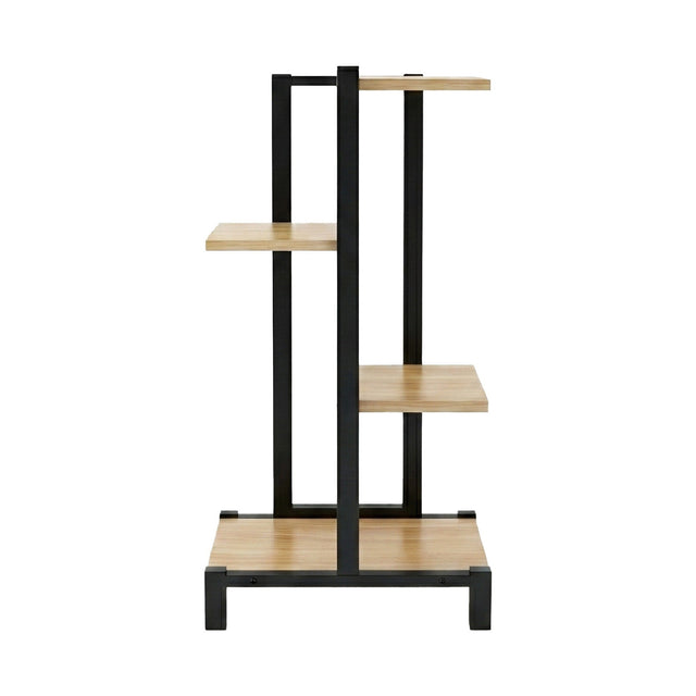 Three-tiered pot stand with black metal frame and wooden shelves on a white background