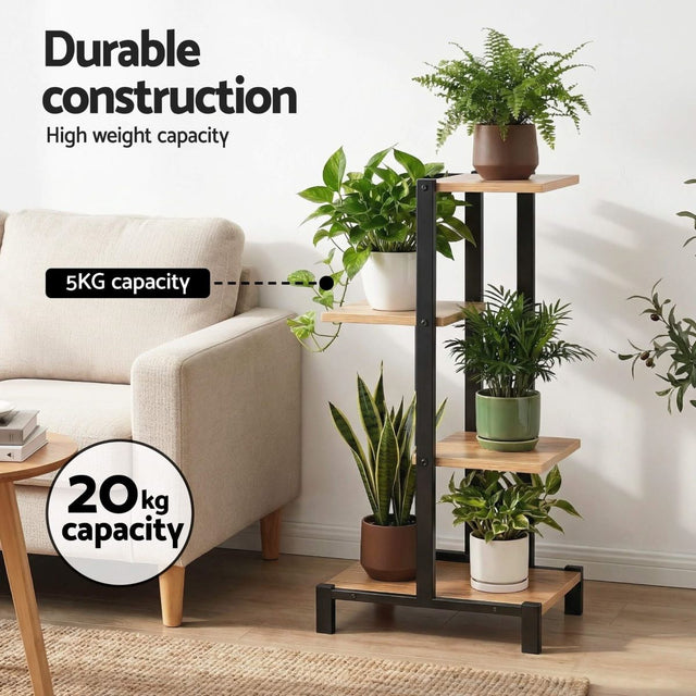 Plant stand with potted plants in a living room setting, highlighting durability and weight capacity.