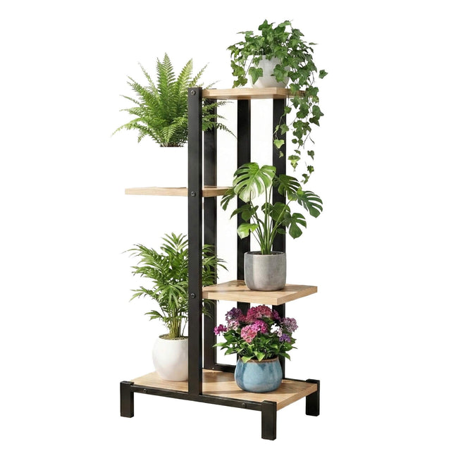 Plant stand with various potted plants on a white background