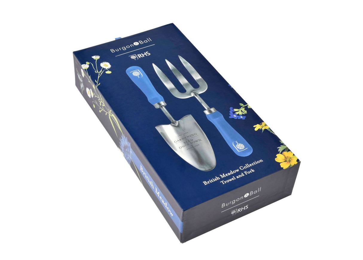 Garden tool set packaging with trowel and fork on a blue background