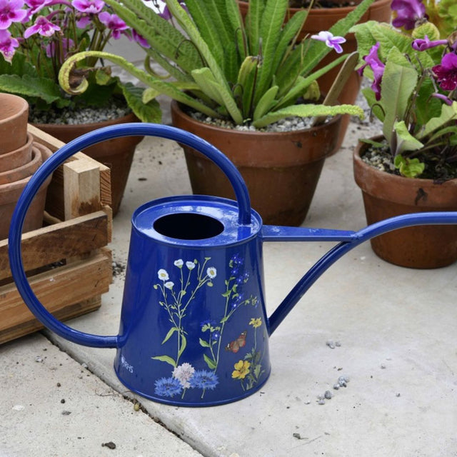 Blue watering can with floral design on a concrete surface with potted plants in the background