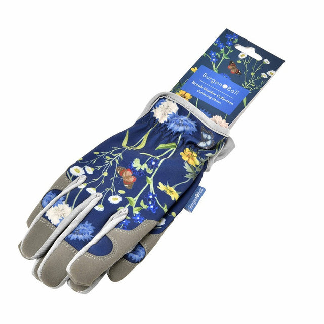 Pair of gardening gloves with floral design on a white background