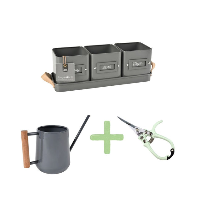 Set of gardening tools including a watering can, scissors, and a metal tray with three pots on a white background.