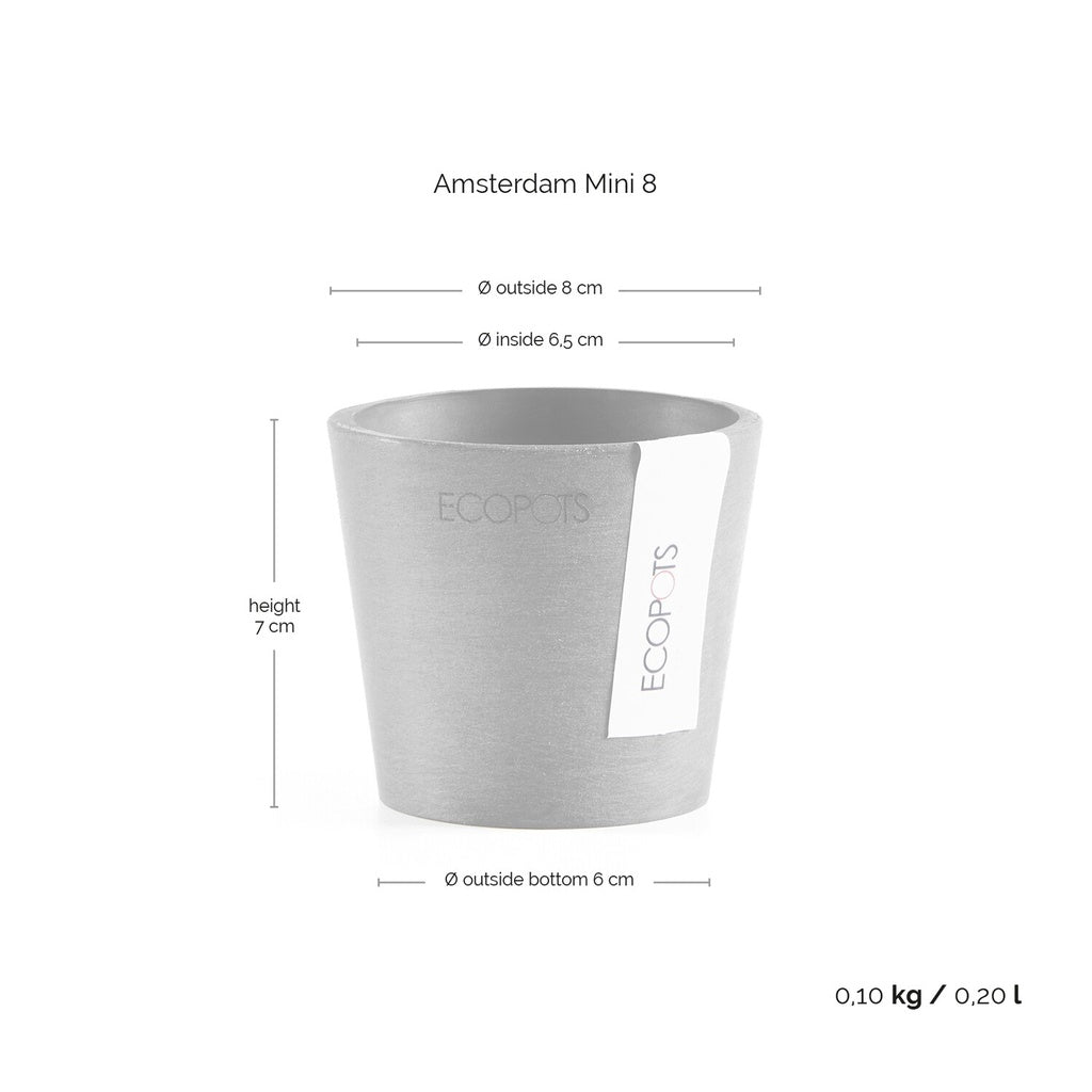 Grey pot with dimensions and weight information on a white background