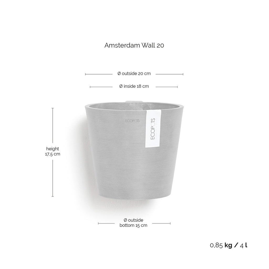 Gray ecopots flower pot with dimensions and weight information on a white background