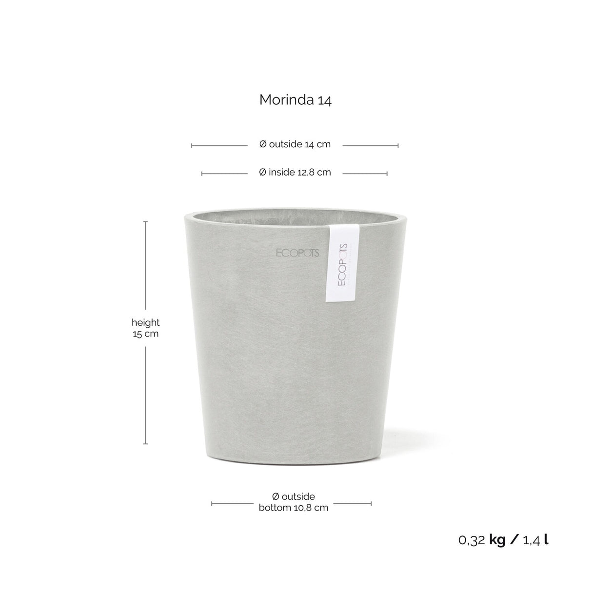 Gray plant pot with dimensions and weight information on a white background