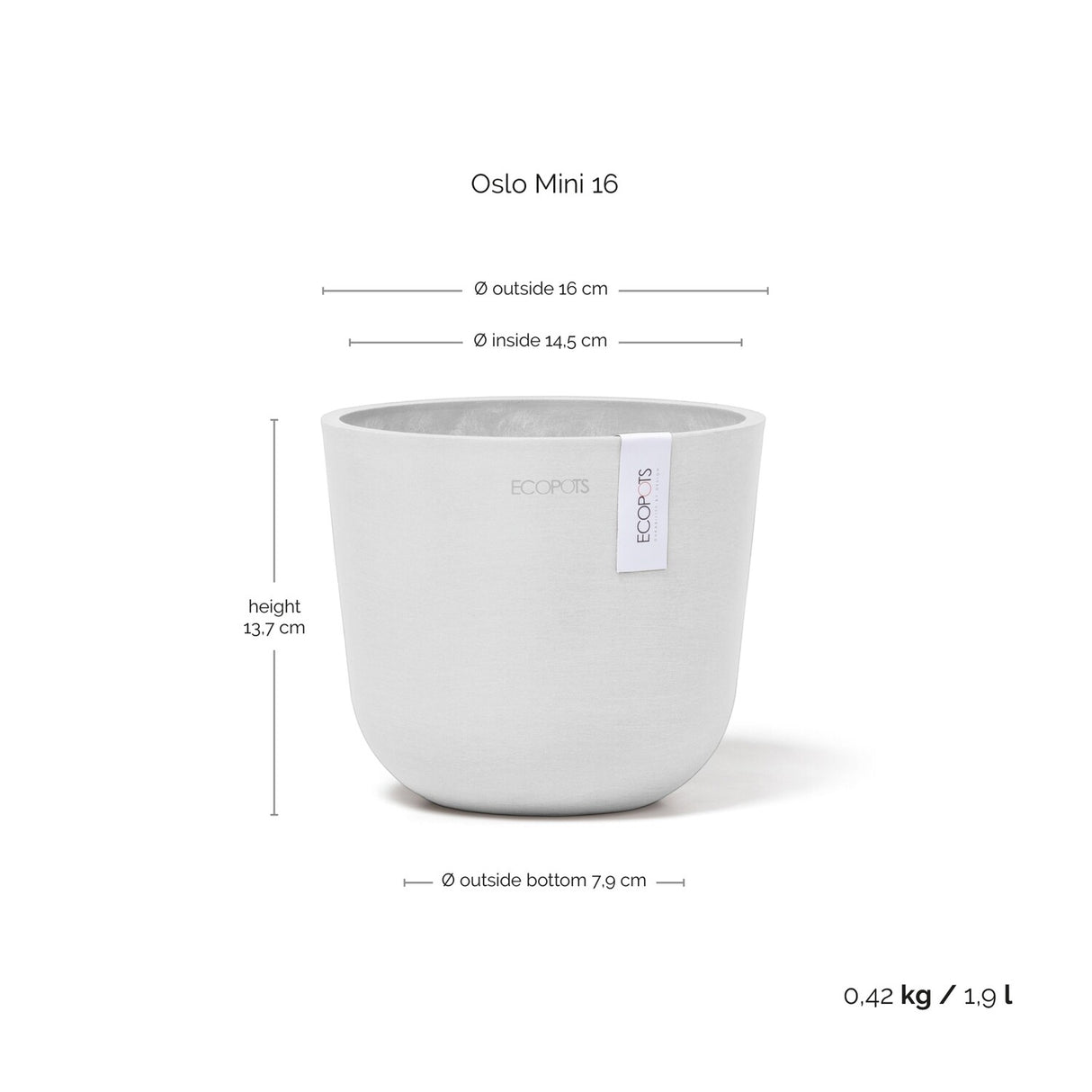 EcoPots Oslo Mini 16cm white measurements