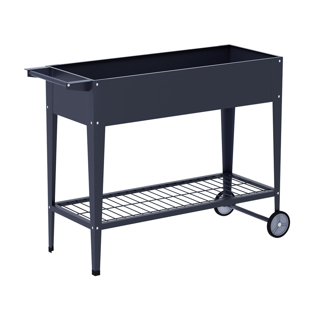 A rectangular, raised, black planter box with a metal frame and wheels for mobility, designed for growing plants such as herbs or small vegetables.