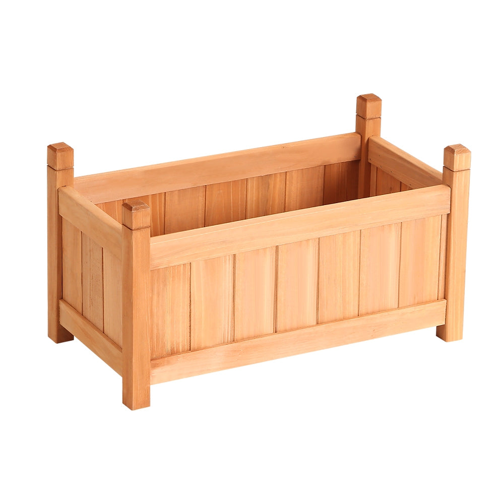 A wooden garden bed with a rectangular shape, featuring a raised design and four visible sides. It has a natural brown finish.