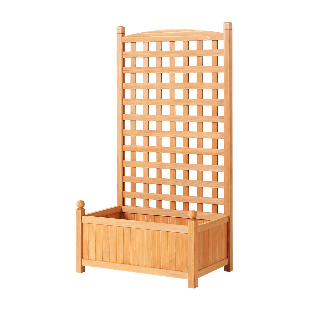 A brown wooden garden bed with a trellis design and raised edges, suitable for planting or as a decorative structure in a garden.