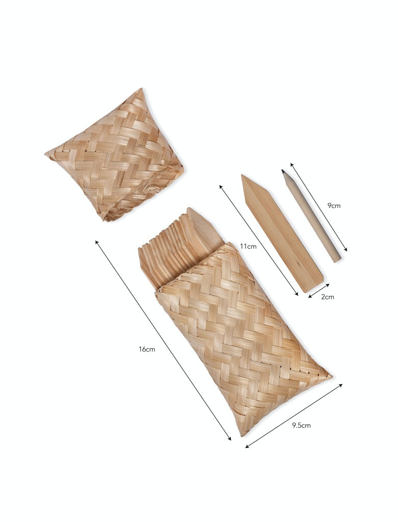 Woven basket with dimensions on a white background