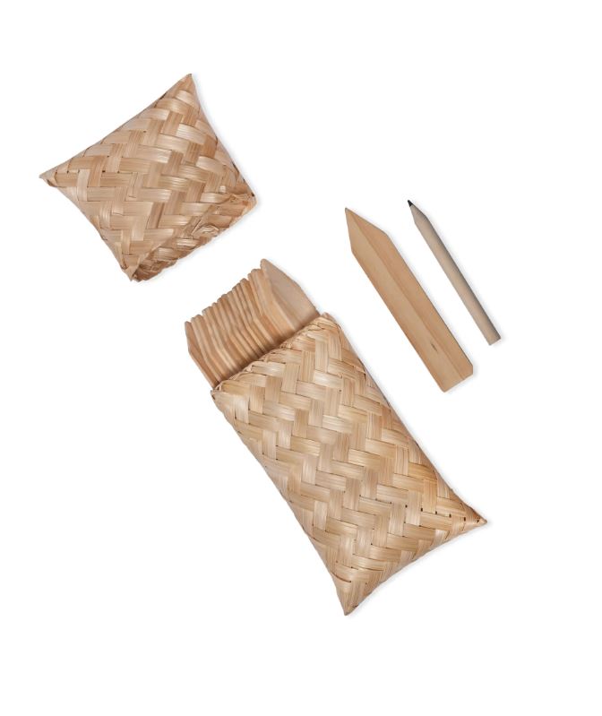 Set of woven bamboo garden markers including a pouch, lid, and two sticks on a white background