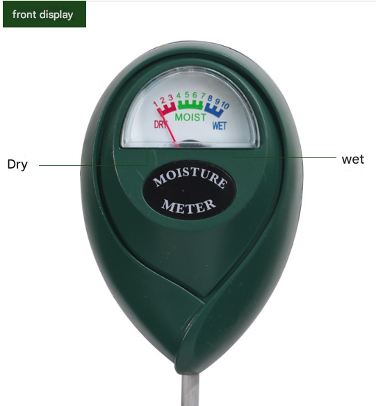 Green moisture meter with labeled dry, moist, and wet indicators on a white background