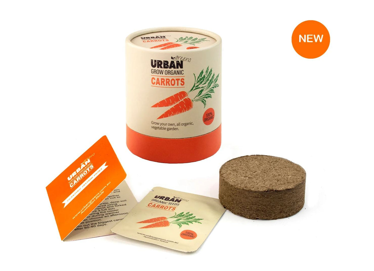 Urban Organic Carrots seedling kit with packaging and instructions on a white background