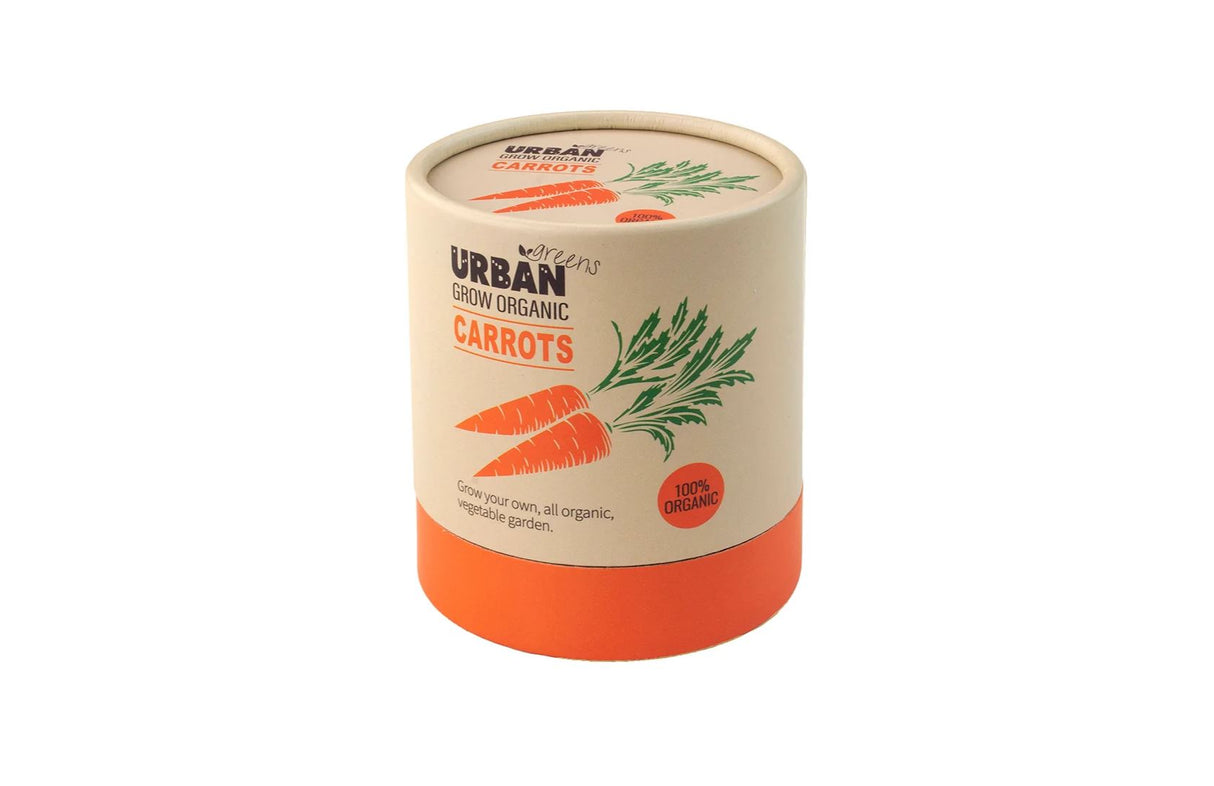 Container of Urban Organic Carrots seeds on a white background