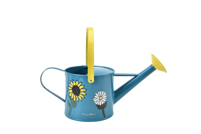 growing gardeners blue childrens watering can with flower images on side, yellow handle and spout