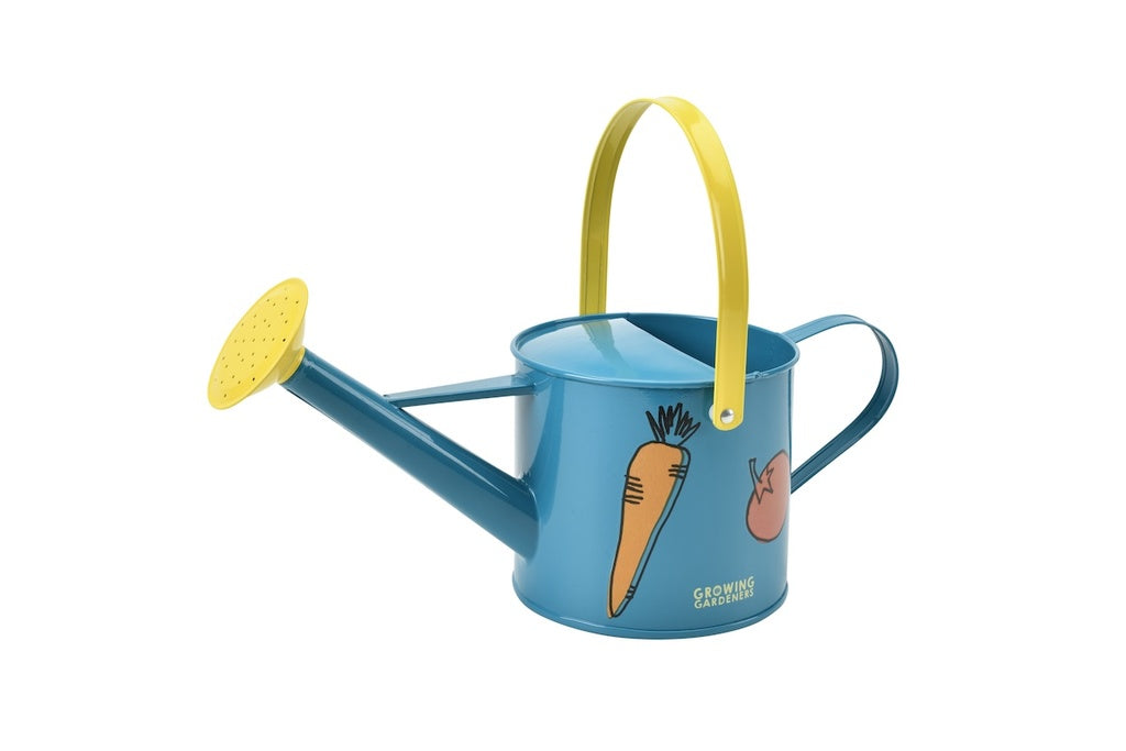 growing gardeners blue childrens watering can with carrot and tomato image on side, yellow spout
