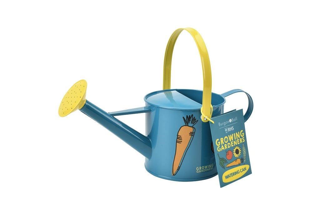 growing gardeners blue childrens watering can with carrot and tag with growing gardeners watering can