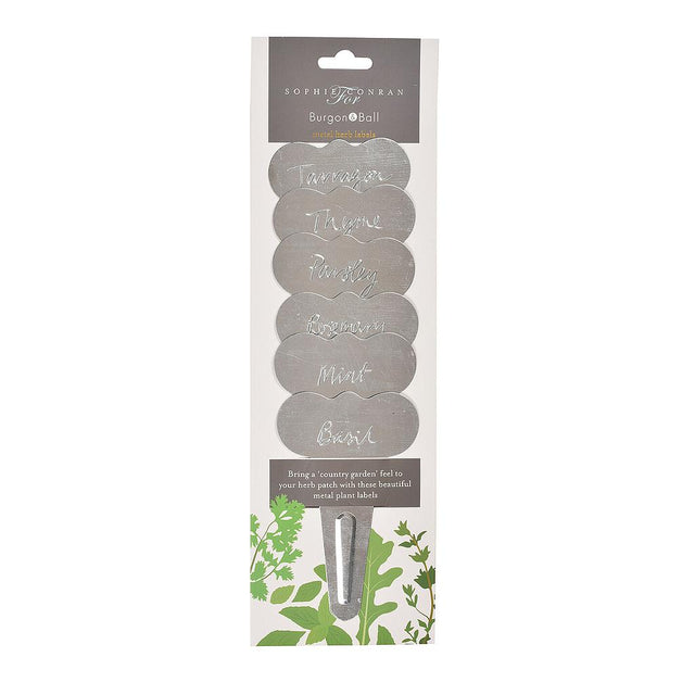 Packaging of Sophie Conran for Burgon & Ball plant labels with a silver tool on a white background.