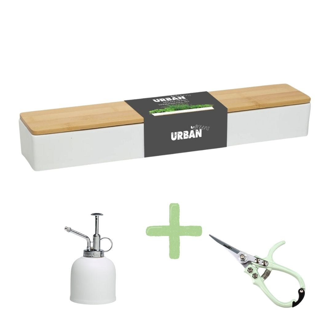 White plant mister bottle, green scissors, and a planter box with 'Urban' branding on a white background