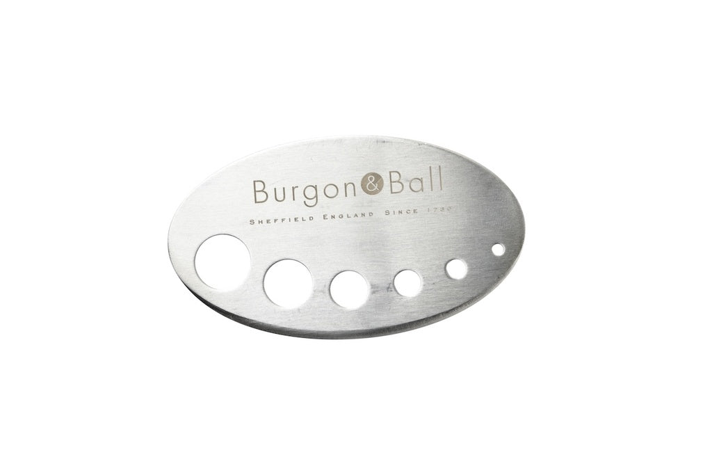 Metal blade with 'Burgon & Ball' branding on a white background