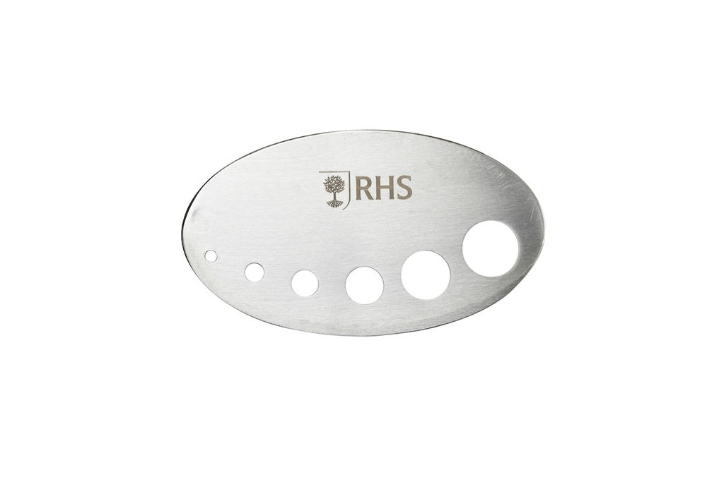 Metallic oval object with 'RHS' logo on a white background