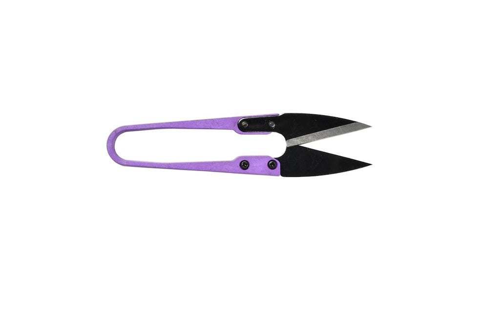 Pair of garden shears with purple handle and black blades on a white background