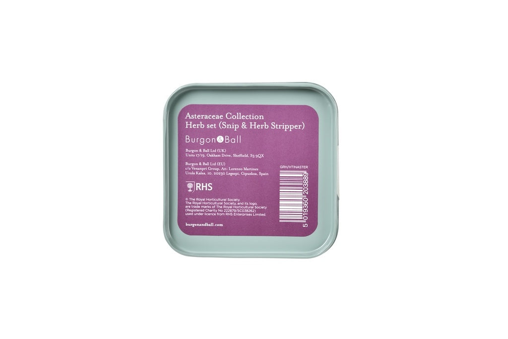 Herb strip and herb stripper container with purple label on a white background