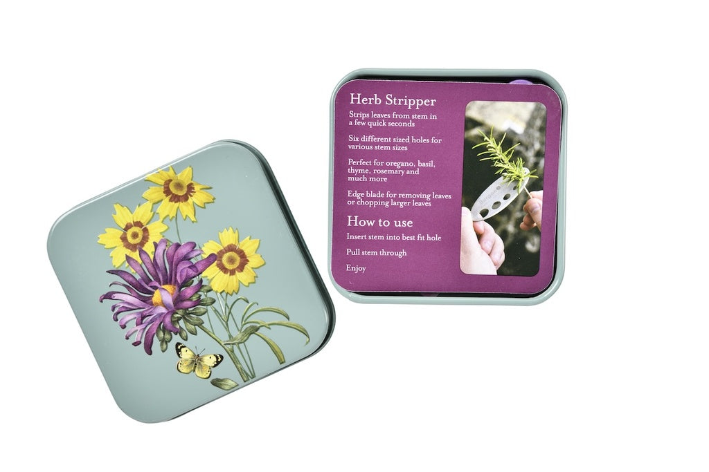 Herb Stripper with floral design on lid and purple label showing usage instructions.