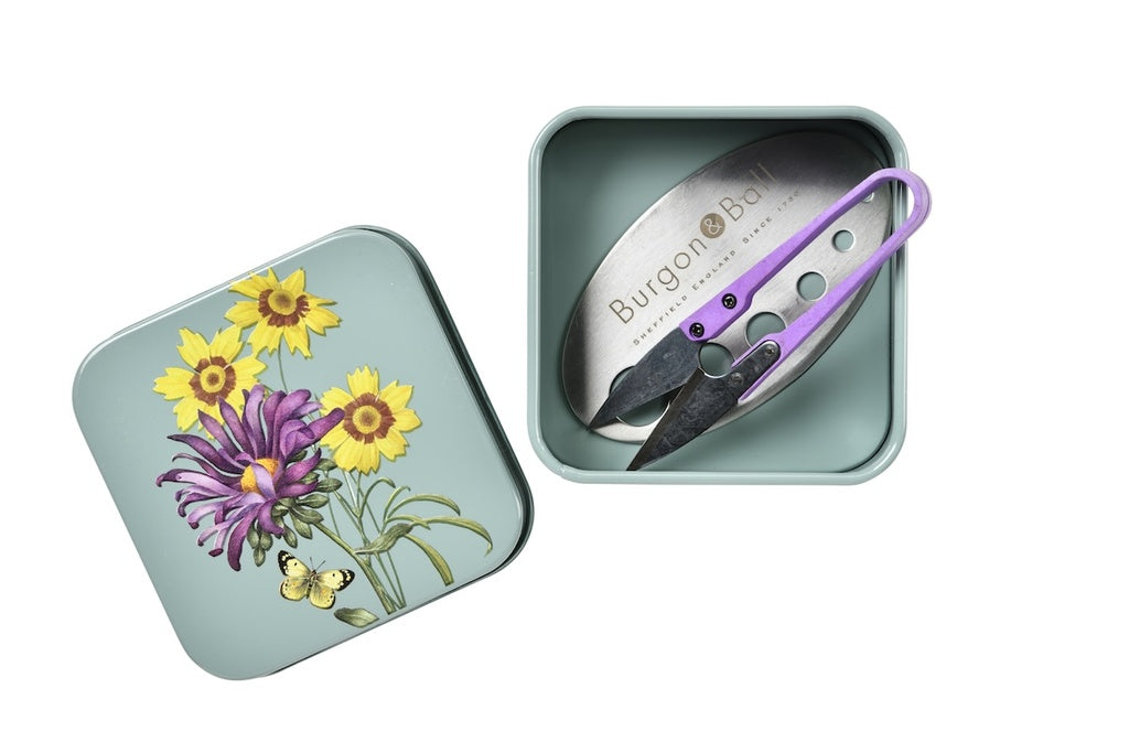 Burgon & Ball garden tool in a decorative tin with floral design