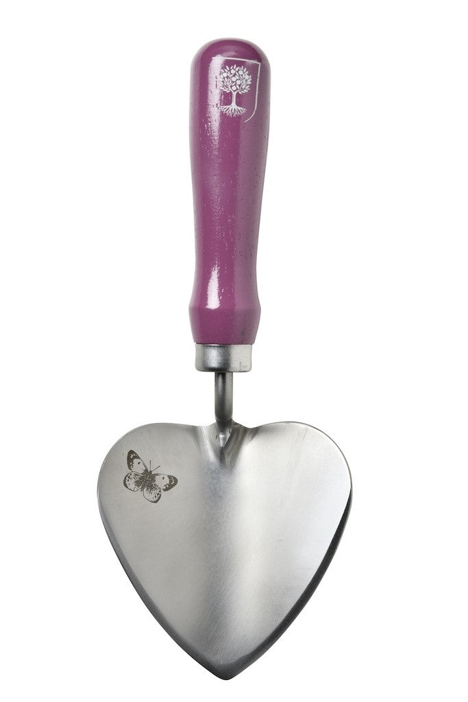 Gardening trowel with a purple handle on a white background