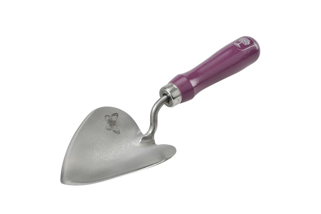 Metal trowel with a purple handle on a white background
