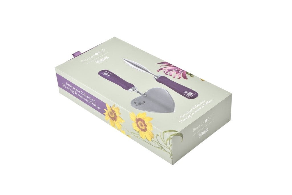 Product packaging with a purple tool and floral design on a white background