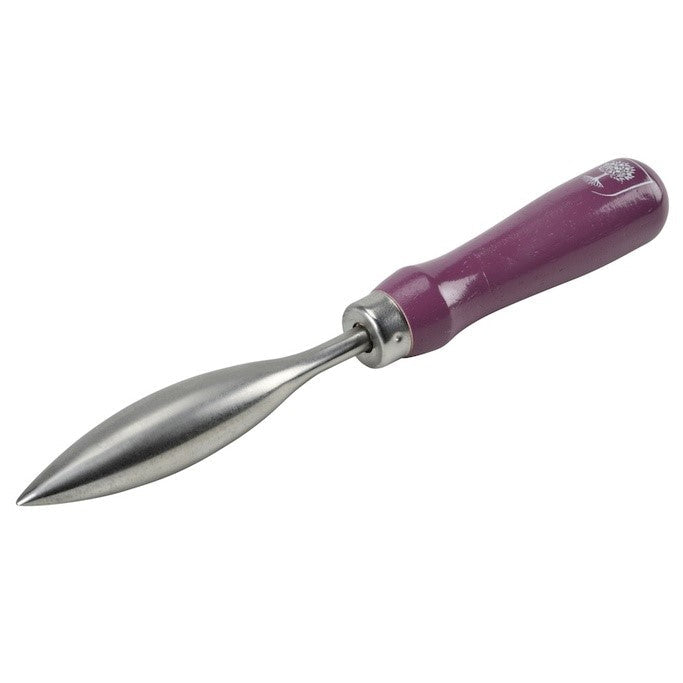 Metal gardening dibber with a purple handle on a white background