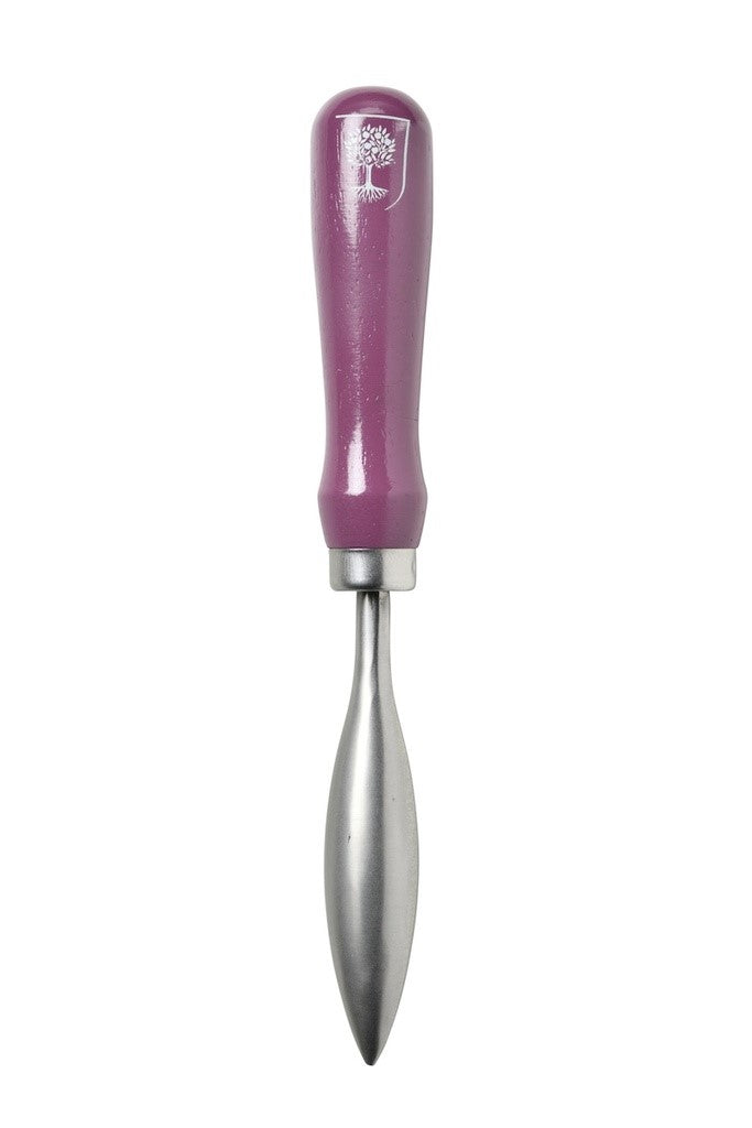 Purple-handled tool with metal blade on a white background