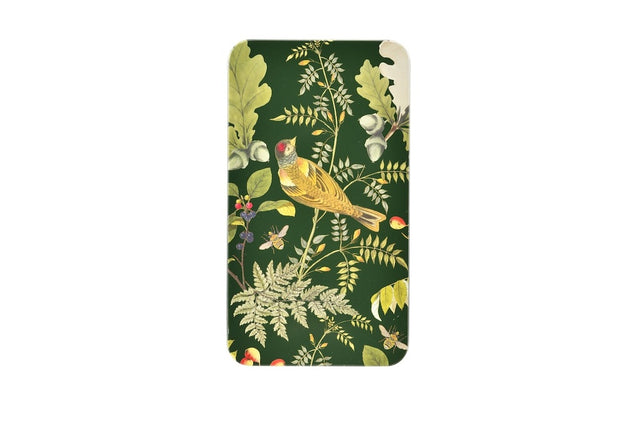A rectangular phone case featuring a classic botanical and bird pattern on a dark green background, with a yellow-green bird perched among detailed leaves and flowers.