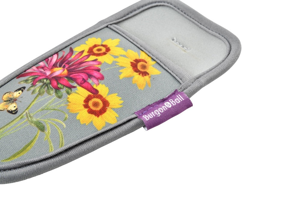 Gray pouch with floral design and 'Burgon & Ball' label on a white background