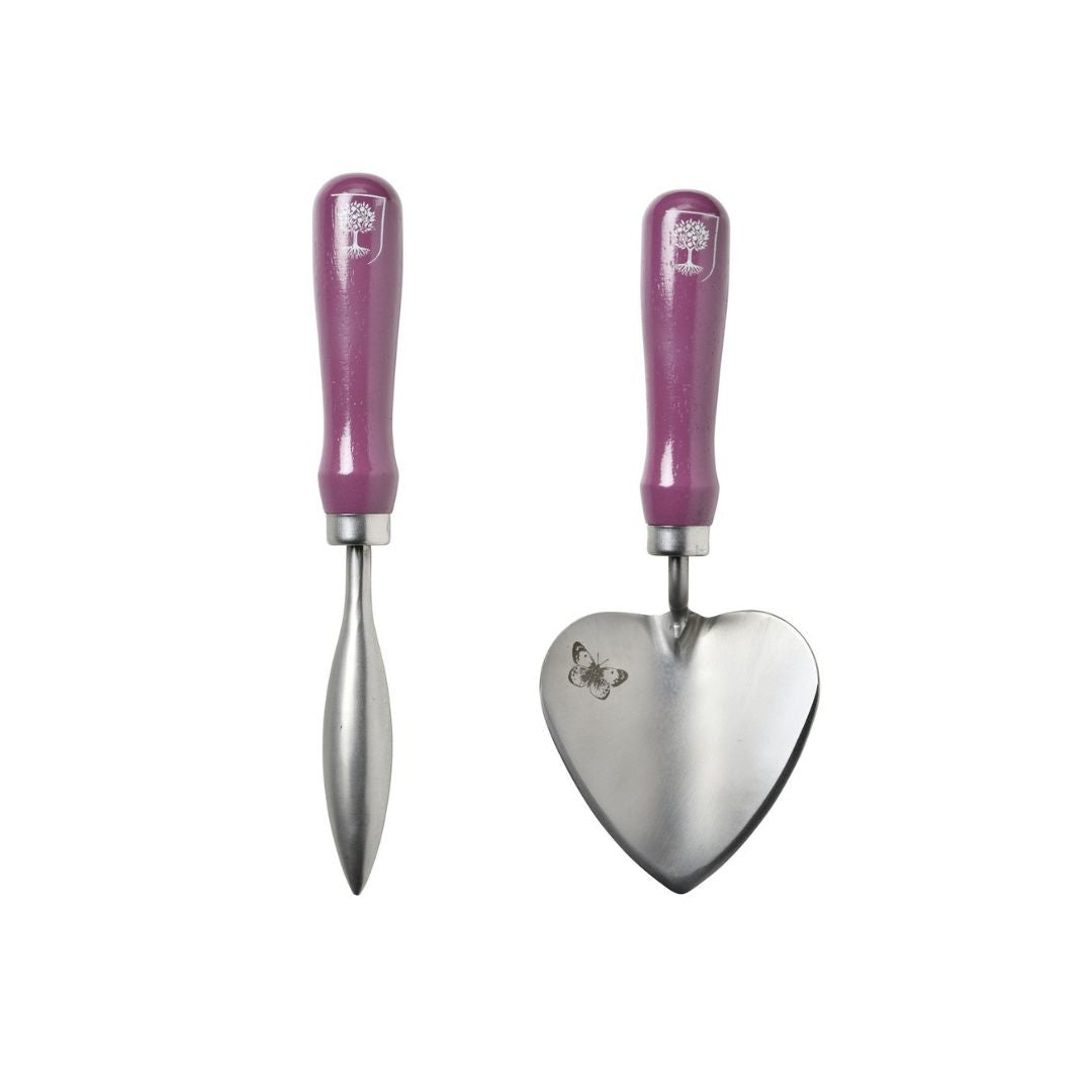 Trowel and Dibber gardening tools with purple handles on a white background