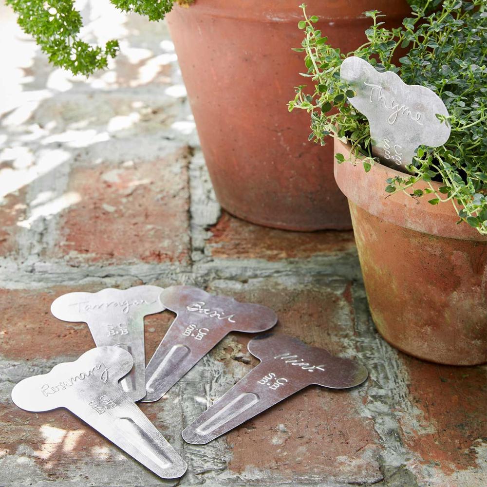 Metal plant markers with engraved names next to potted plants on a stone surface.