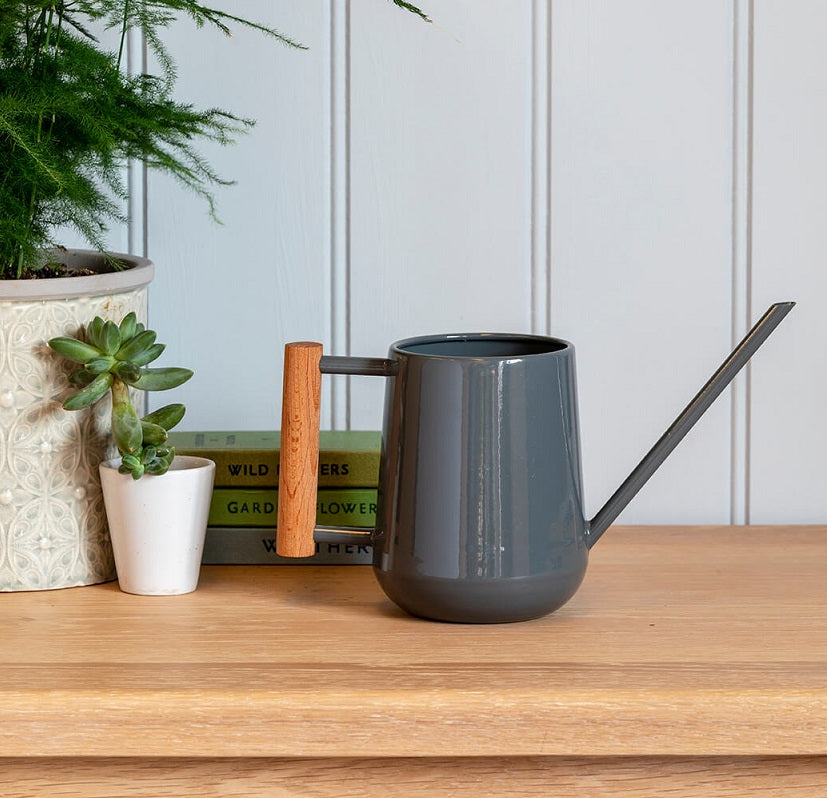 Indoor Metal Watering Can in charcoal grey with wooden handle