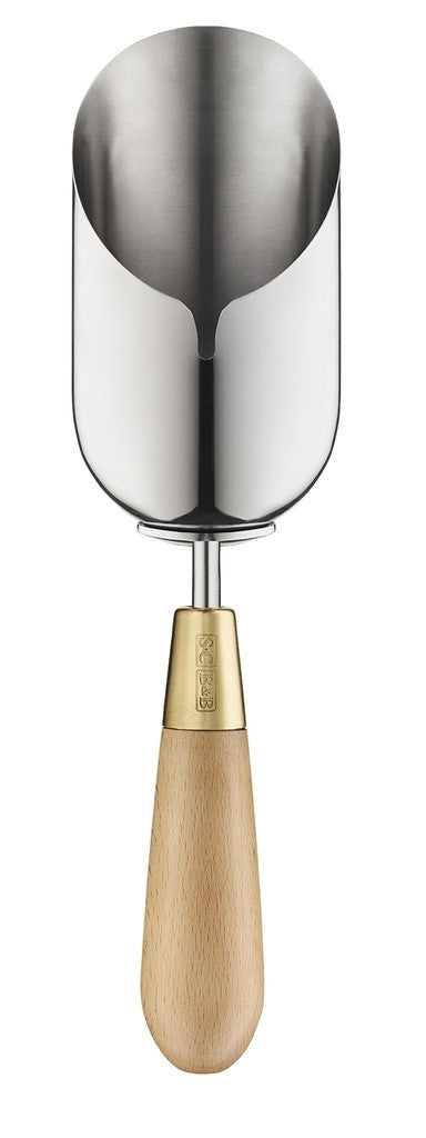 Metal scoop with a wooden handle on a white background