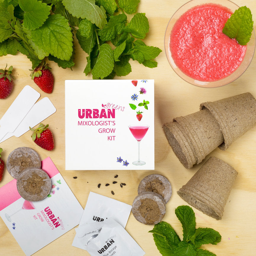 Urban Mixologist's Grow Kit with ingredients and tools on a wooden surface