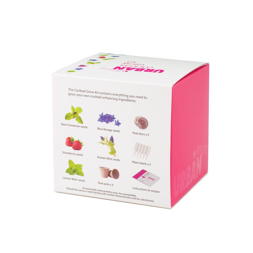 Cocktail garden kit packaging with pink and white design on a white background