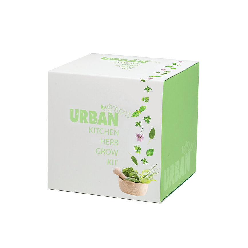 Box for an urban kitchen herb grow kit with green and white design.