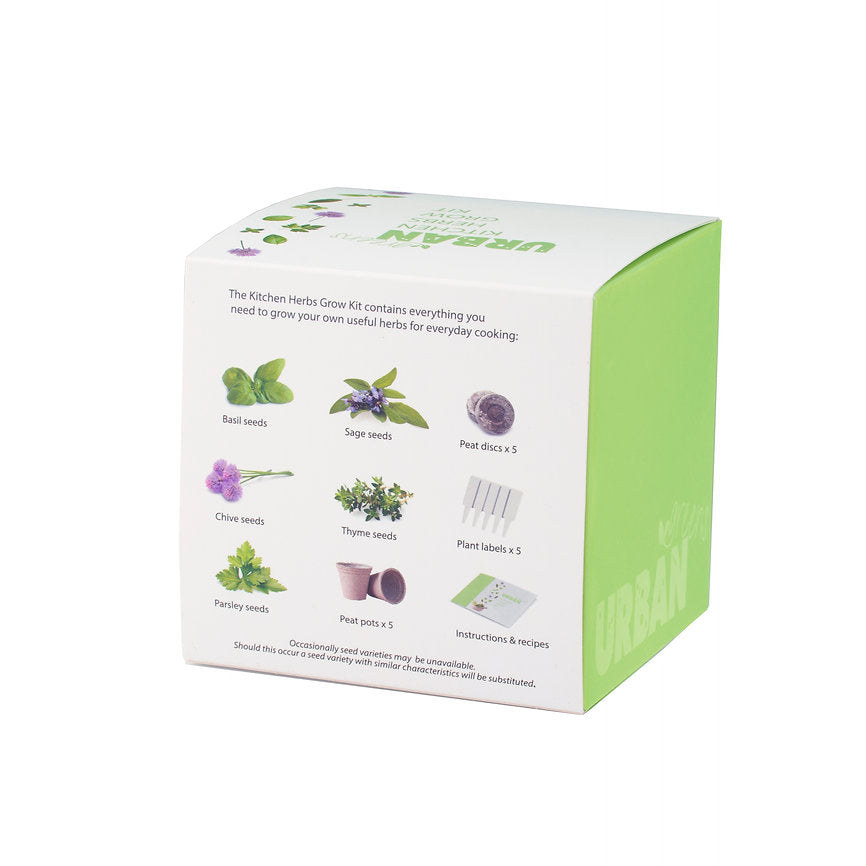 Green and white box packaging for a kitchen herbs grow kit with illustrations of plants and text.
