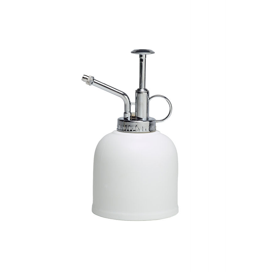 White and silver plant mister on a white background