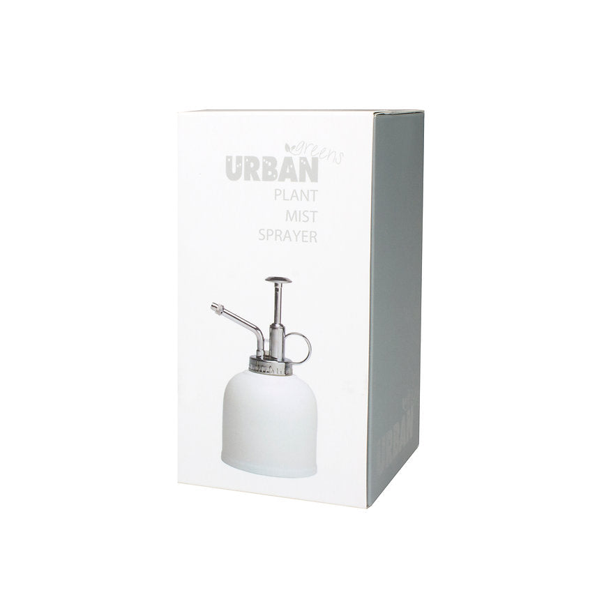 White plant mist sprayer with silver nozzle in packaging on a white background