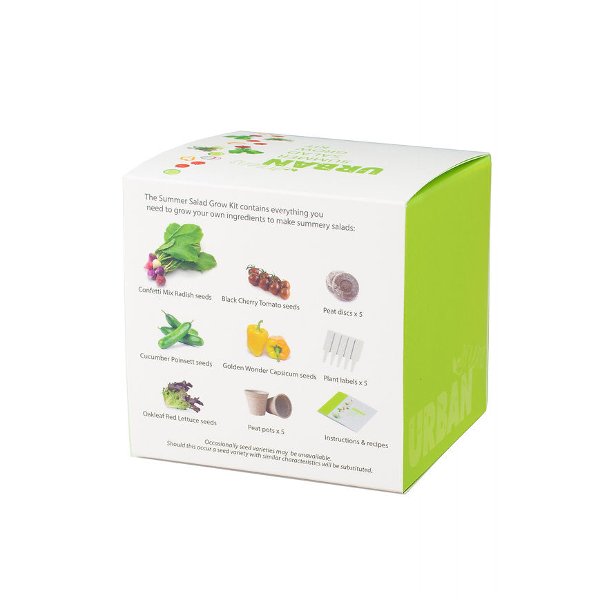 Grow kit packaging with illustrations of vegetables on a white background