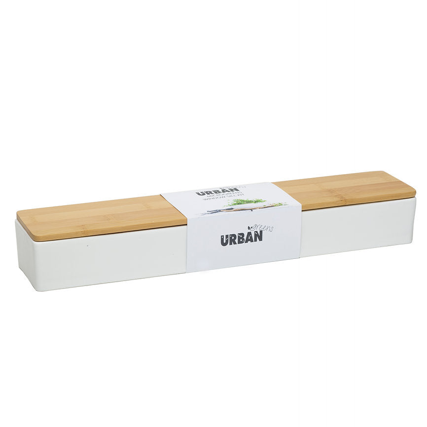 White bread box with wooden lid labeled 'Urban' on a white background