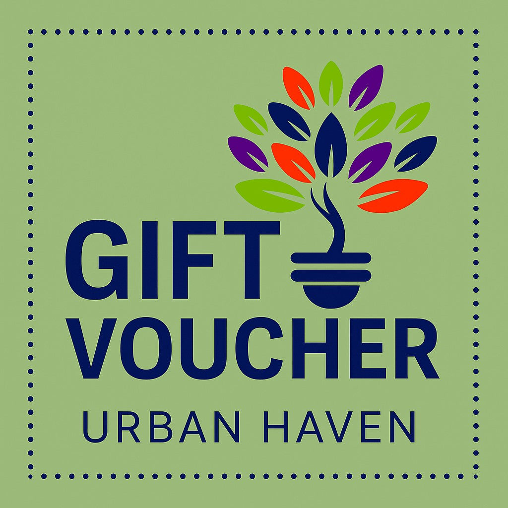 Gift voucher for Urban Haven with colorful leaf design on a green background